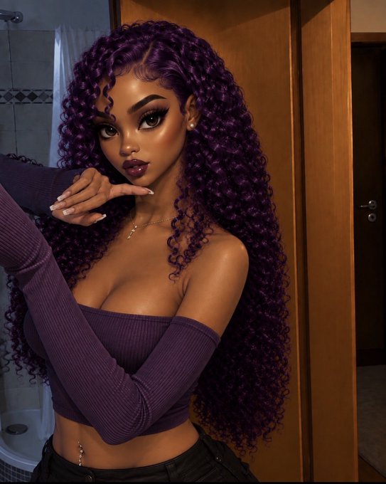 A stylized digital portrait of a woman with voluminous purple curly hair wearing an off-the-shoulder purple top, posing in what appears to be a bathroom.