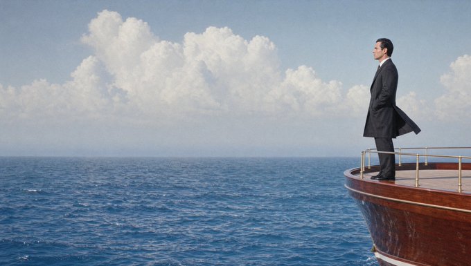 A man in a dark coat stands contemplatively at the bow of a ship, gazing out over an expansive blue ocean beneath billowing white clouds, evoking a sense of embarking on a new venture or journey into uncharted territory.