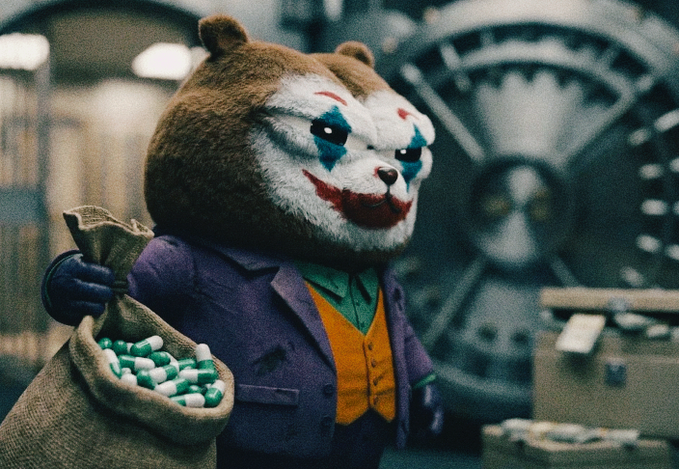 A bear wearing Joker-inspired makeup and attire carries a burlap sack filled with green and white pills. The post mentions "$BOBO", relating to the image's depiction of drug-like pills and the character's chaotic, possibly illicit, activities.