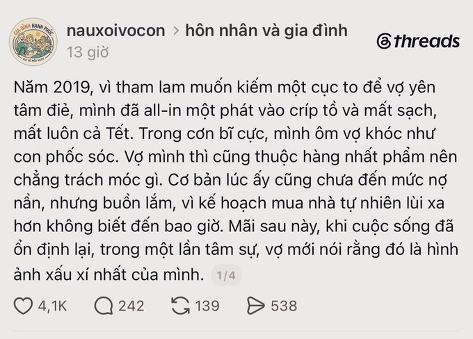 A Threads social media post in Vietnamese by user @nauxoivocon from the community 'hôn nhân và gia đình' (marriage and family), recounting a personal story from 2019 about losing everything by going all-in on cryptocurrency, with 4.1K likes and 538 shares.