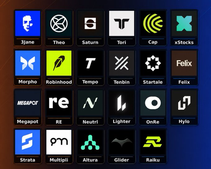 A grid of 24 cryptocurrency or fintech project logos with labels including 3jane, Theo, Saturn, Tori, Cap, xStocks, Morpho, Robinhood, Tempo, Tenbin, Startale, Felix, Megapot, RE, Neutrl, Lighter, OnRe, Hylo, Strata, Multipli, Altura, Glider, and Raiku.