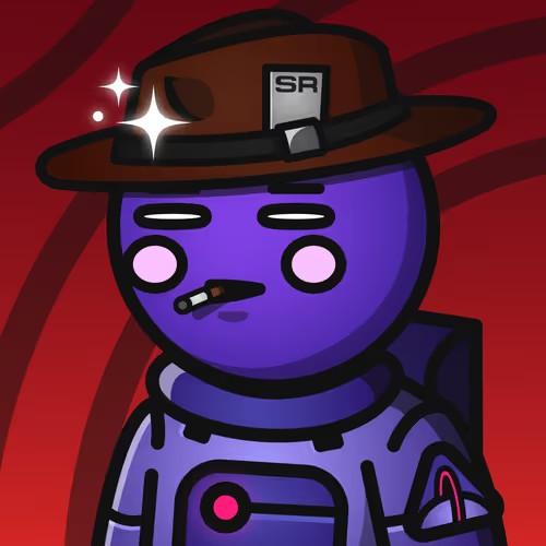 A cartoon drawing of a purple robotic character smoking a cigarette, wearing a brown hat labeled 'SR' that has a sparkling highlight, set against a swirling red background.