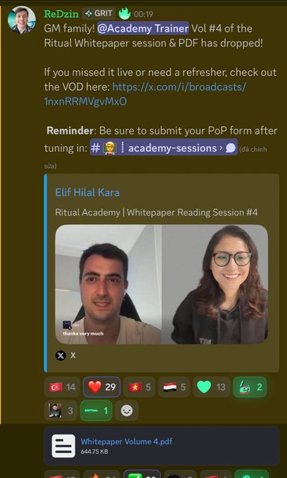 A Telegram message from user 'ReDzin' announces 'GM family!' and shares Volume 4 of the 'Ritual Whitepaper' session with a PDF attachment and a link to a broadcast, featuring an embedded X post titled 'Ritual Academy | Whitepaper Reading Session #4' by Elif Hilal Kara showing a video thumbnail of two people.