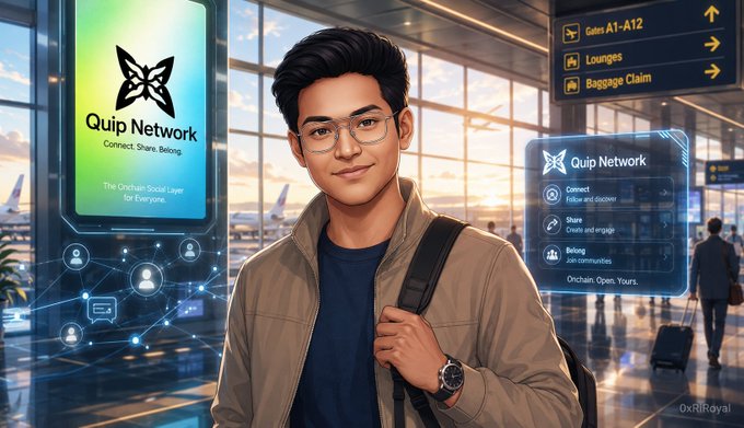 A young man with glasses and a backpack stands in an airport terminal, flanked by digital displays reading "Quip Network - The Onchain Social Layer for Everyone" with "Gates A1-A12", "Lounges", and "Baggage Claim" signs visible.