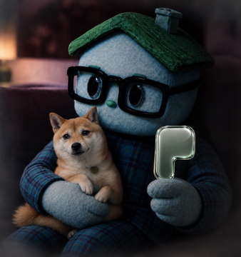 A 3D-style illustration of a gray house-shaped character wearing glasses and a plaid shirt, holding a Shiba Inu dog in one arm and a small black object in the other hand.