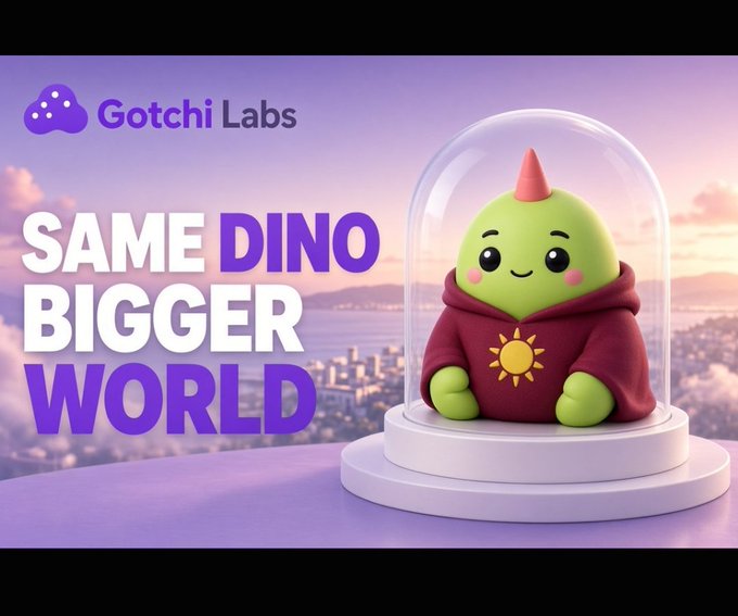 A promotional graphic from Gotchi Labs featuring a green dinosaur mascot under a glass dome, with the text 'SAME DINO BIGGER WORLD' over a purple sunset cityscape.