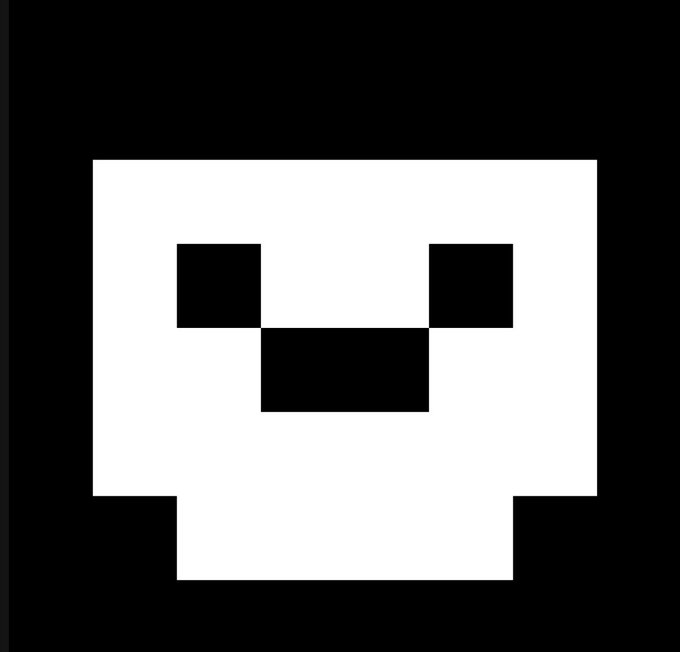 A simple, black-and-white graphic of a stylized, blocky face or skull with square eyes and a rectangular mouth, recognizable as the character Sans.