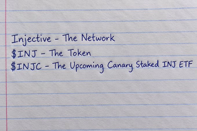 Handwritten notes on lined paper defining 'Injective - The Network', '$INJ as The Token', and '$INJC as The Upcoming Canary Staked INJ ETF'.