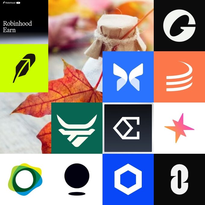 A collage of cryptocurrency and DeFi platform logos—including Robinhood Earn, Grayscale, Robinhood, Figment, Stargate, Mantle, Eigen, Stader, Anchor, XY, Chainlink, and Polygon—is displayed against a background of autumn leaves and a corked bottle, visually representing the collaboration of multiple DeFi "giants" working together to generate returns for syrupUSDG on the Robinhood platform.