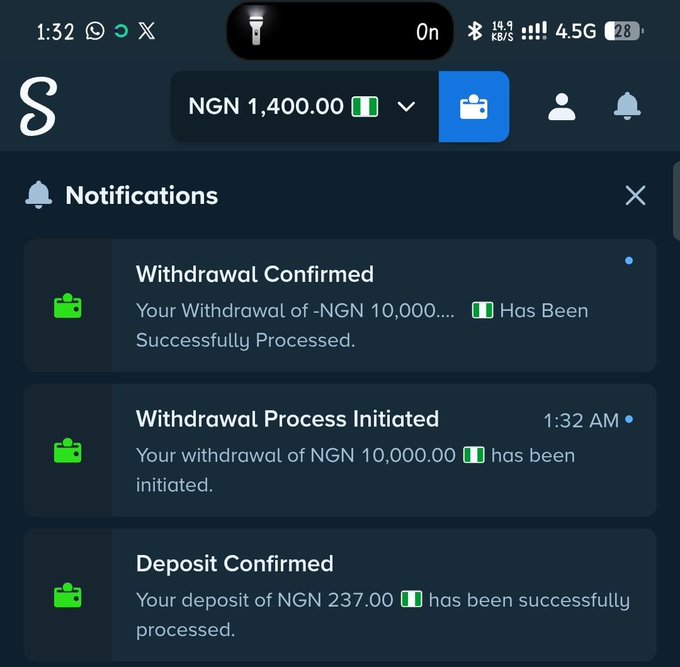 The image shows a mobile app notifications screen displaying three transaction alerts: a withdrawal of NGN 10,000.00 confirmed as successfully processed, the same withdrawal being initiated at 1:32 AM, and an earlier deposit of NGN 237.00 confirmed. This corresponds with the post celebrating the user's success in growing a N237 deposit into a N10,000 withdrawal.