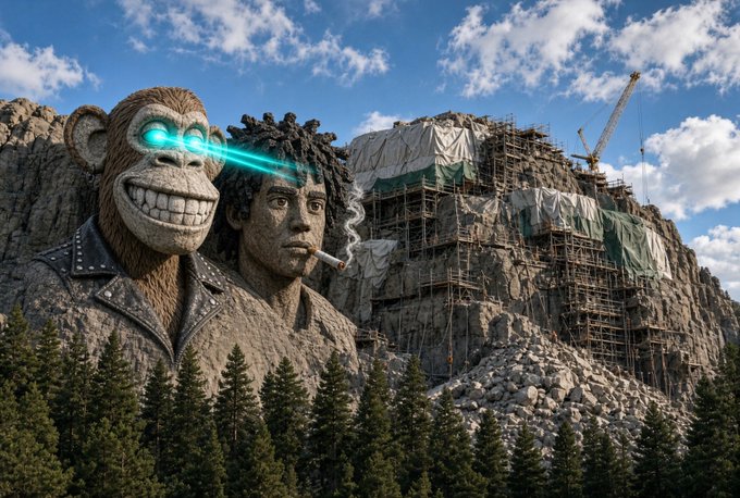 A surreal image showing a giant monkey head with glowing blue laser eyes carved into a mountain resembling Mount Rushmore, alongside a sculpted head of a person smoking, with scaffolding and construction cranes visible on the rock face.