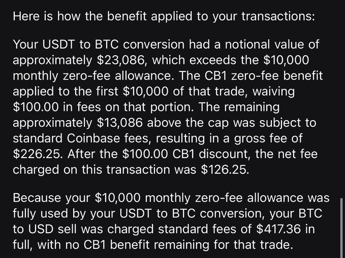 A Coinbase support response explaining how the CB1 zero-fee benefit capped at $10,000 was fully consumed by a single $23,086 USDT-to-BTC conversion, resulting in a $126.25 net fee on that trade plus an additional $417.36 fee on a subsequent BTC-to-USD sell, illustrating the user's complaint about Coinbase's predatory fee structure for retail investors.