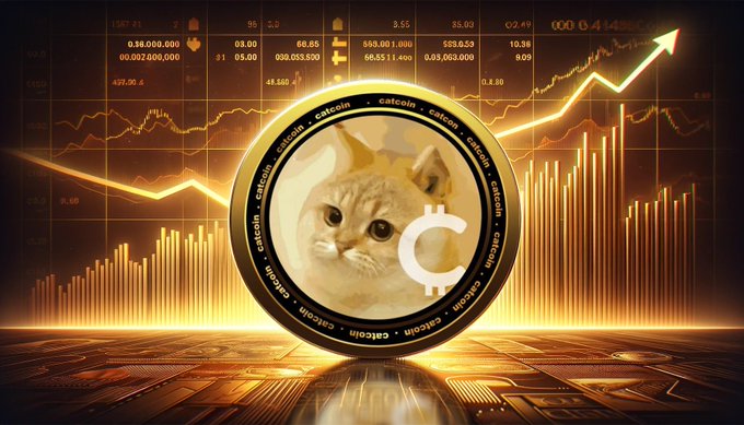 A promotional graphic for the CATCOIN migration airdrop features a meme coin branded with a cat's face over a glowing orange financial chart showing rising trends and figures like "98,000,000" and "66,55 t-oub," visually representing the $CAT to $CATCOIN ($CAT) token migration to Solana.