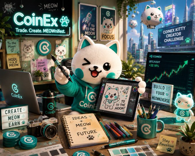 A CoinEx promotional image with 'Trade. Create. MEOWnifest' branding, featuring a white cat mascot drawing on a tablet, surrounded by crypto charts, 'BTC/USDT +32.18%', and various cat-themed merchandise and signs.