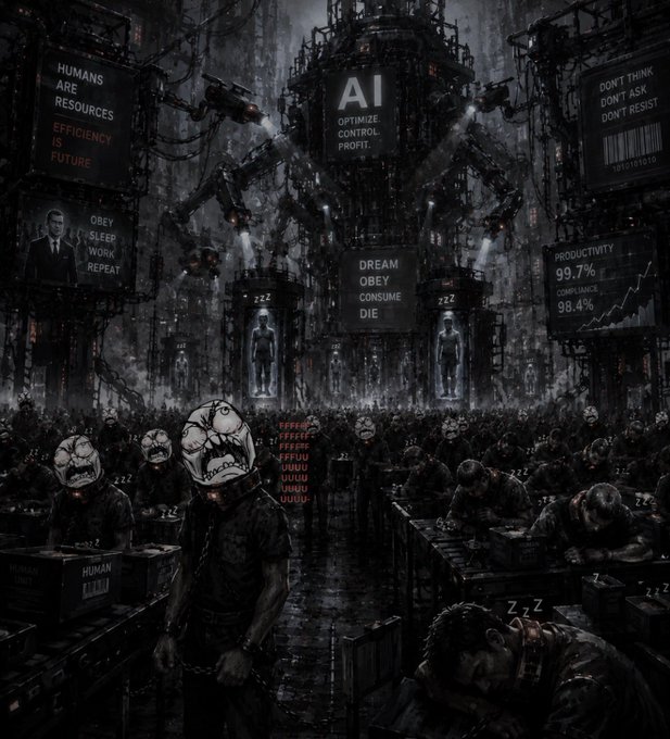 A dark, dystopian AI-generated illustration depicts humans as chained workers under an AI megastructure, with signs reading 'HUMANS ARE RESOURCES', 'AI OPTIMIZE CONTROL PROFIT', 'DREAM OBEY CONSUME DIE', and 'PRODUCTIVITY 99.7%'.