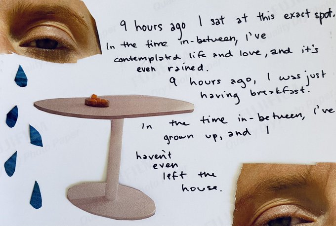 An artistic collage featuring a pink table with a small item, close-up cropped eyes, blue teardrops, and handwritten text reflecting on sitting at a spot, contemplating life, and having breakfast.