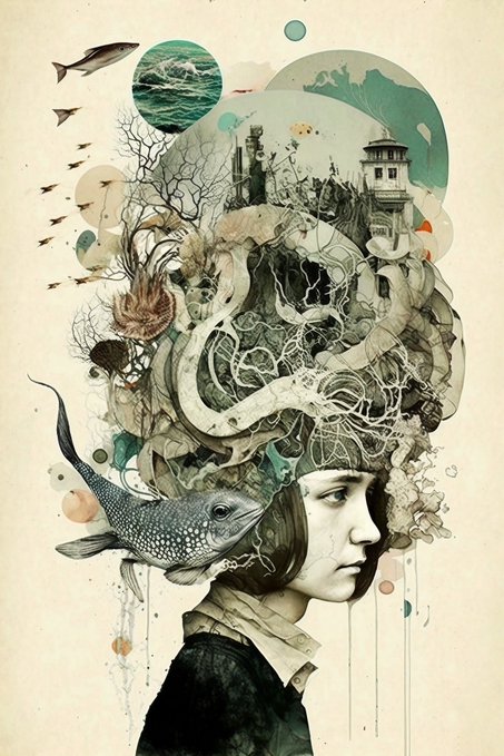 A surreal collage-style illustration depicts a woman in profile whose exposed brain is transformed into an elaborate dreamscape featuring a lighthouse, swirling ocean currents, floating fish, birds, and intricate root-like structures.