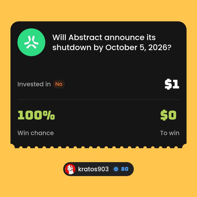 A prediction market interface showing a bet of $1 on 'No' for the question 'Will Abstract announce its shutdown by October 5, 2026?' with a 100% win chance and $0 to win, posted by user kratos903.