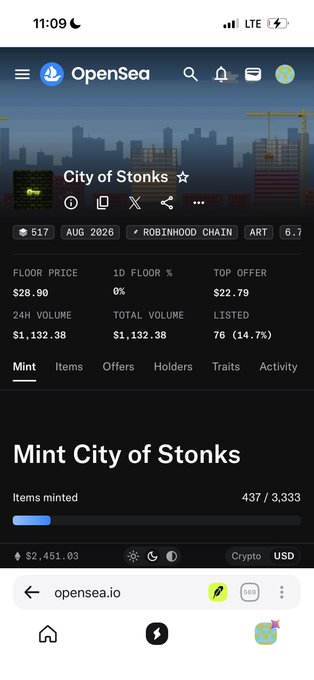 A mobile screenshot of OpenSea displays the 'City of Stonks' NFT collection on the Robinhood Chain, showing a floor price of $26.90, 24H volume of $1,132.38, and 437/3,333 items minted.