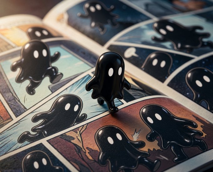 A collection of comic book panels featuring black, glossy ghost-like characters with white eyes is displayed, with a small 3D ghost figurine standing on top.