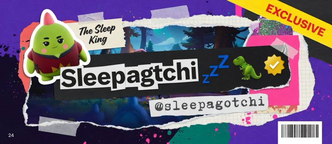A promotional graphic featuring a green creature character called 'The Sleep King' alongside the text 'Sleepagotchi', '@sleepagotchi', and 'EXCLUSIVE' on a vibrant purple and pink background.