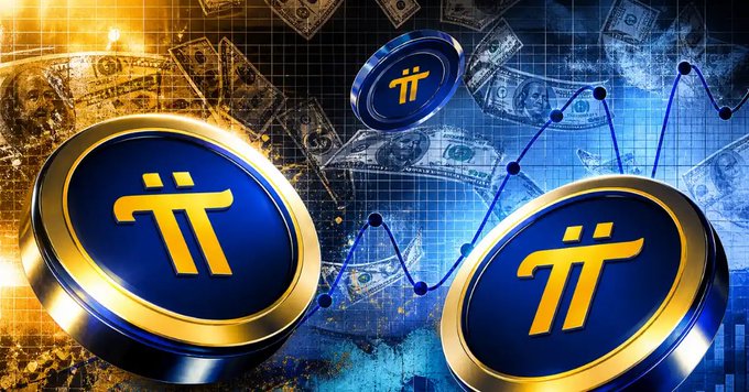 Three Pi cryptocurrency coins float against a background featuring dollar bills and a line chart.