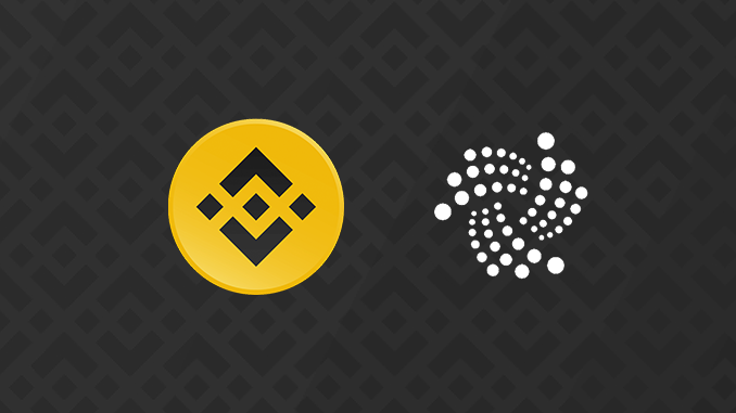 Binance coin logo alongside the IOTA logo on a dark patterned background.