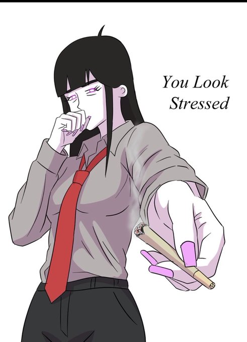 An anime-style illustration of a woman in a shirt and red tie coughing into her fist while holding out a lit cigarette, with the text 'You Look Stressed' in the corner.