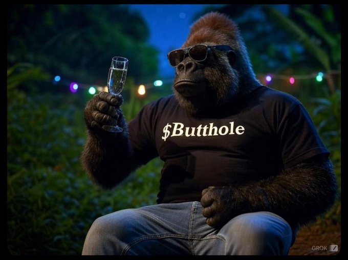 A gorilla wearing sunglasses and a black t-shirt reading '$Butthole' holds a glass of champagne, with 'GROK' watermarked in the corner.