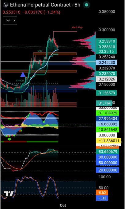 A TradingView chart for the 'Ethena Perpetual Contract' (ENAUSDT) on an 8-hour timeframe, showing a price of 0.253310 with a 1.24% decrease, alongside various technical analysis overlays and indicators.