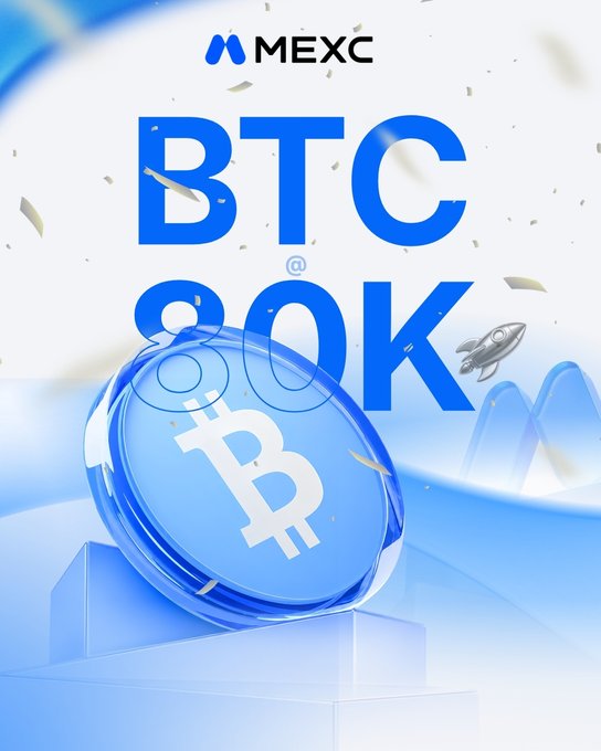 A promotional graphic for MEXC exchange featuring 'BTC 80K' in bold blue text with a rocket icon and Bitcoin coin imagery.