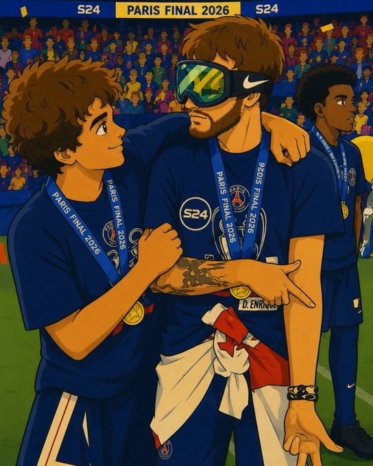 The image features a group of people, including two men wearing blue shirts with gold medals around their necks. One man has his arm around another man's shoulder, while they both have smiles on their faces. The background shows a sports field where several other people are also present. The caption for the image reads "late Sunday GM frens first off, congratulations to Khvicha Kvaratskhelia on his second consecutive Champions League title - @River4fun @sleepagotchi".