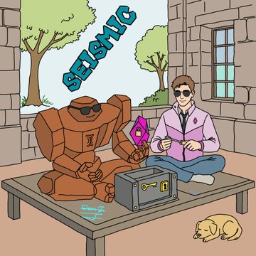 An illustration in the style of Seismic with the text 'seismic' at the top, depicting a man sitting cross-legged next to a brown robot, both interacting with a gray box on a wooden table, with a small cat nearby.