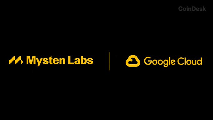 A black graphic displays the logos for 'Mysten Labs' and 'Google Cloud' in yellow, with the 'CoinDesk' watermark in the top right corner.