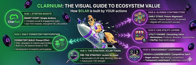 The image features a banner with information about GM $CLAR, an online marketplace for ecosystem services. The banner includes text that explains the visual guide to ecosystem value, providing details about how solar energy is built by your actions. It also highlights the benefits of using GM $CLAR and encourages users to engage in ecosystem-based activities.