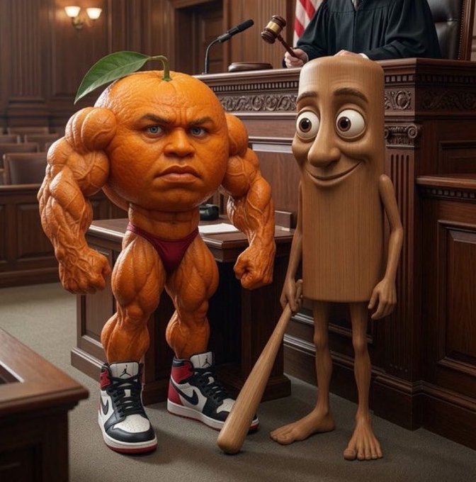 The image shows a muscular orange character wearing red underwear and Jordan sneakers standing next to a wooden cylindrical figure holding a bat, in what appears to be a courtroom setting with a judge holding a gavel in the background. The scene humorously personifies the "bros" of crypto tokens $UDIN and $TRIPLET, suggesting an intense, bodybuilder-level conviction to lock in on these altcoins or miss out on gains.