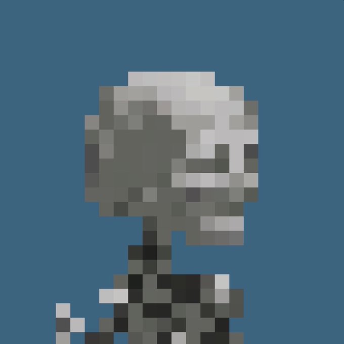 A heavily pixelated, low-resolution image showing a gray and white rounded object with a dark stem-like protrusion, set against a solid blue background.