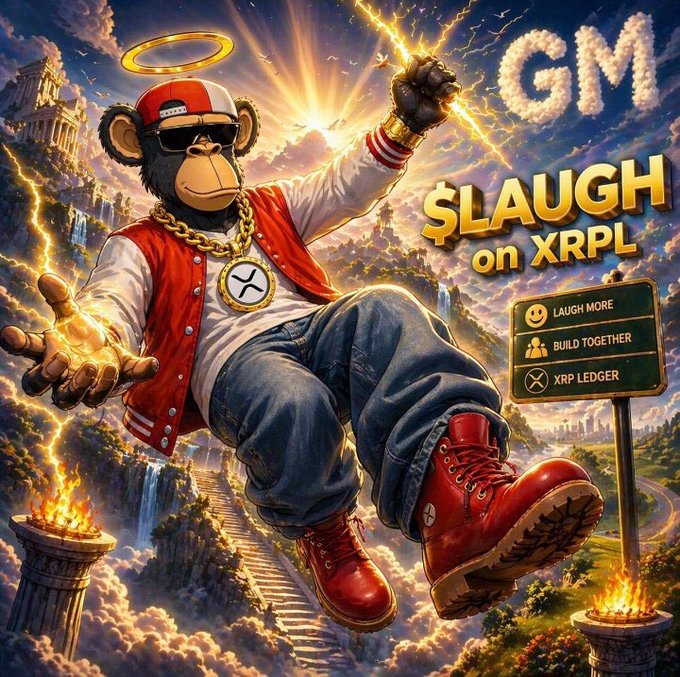 A vibrant illustration of a stylized monkey character with a halo and XRP medallion, with text reading 'GM $LAUGH on XRPL' alongside options for 'LAUGH MORE', 'BUILD TOGETHER', and 'XRP LEDGER'.