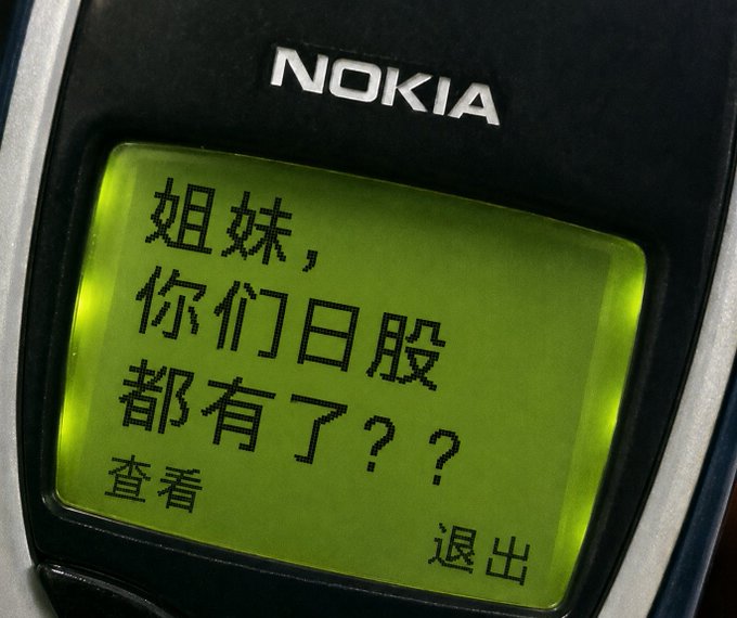 A close-up of a Nokia phone's green screen displaying a Chinese text message that reads "姐妹, 你们日股都有了？？" (roughly: "Sisters, do you all have Japanese stocks yet??") with options "查看" (View) and "退出" (Exit) below.