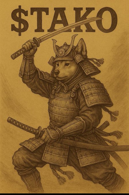 A sepia-toned illustration features a Shiba Inu dog dressed as a samurai warrior wielding two swords, with the text '$TAKO' at the top.