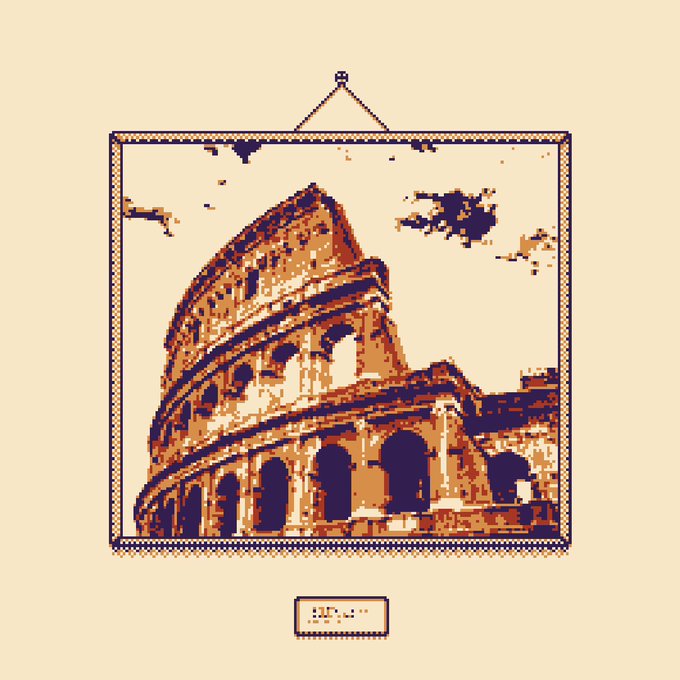Pixel art style illustration of the Roman Colosseum displayed as a framed picture hanging on a beige wall with a small caption box below it.