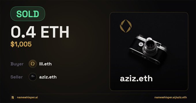 A digital sales record shows an Ethereum Name Service transaction where 'aziz.eth' sold for '0.4 ETH' ($1,005) to 'lll.eth'.
