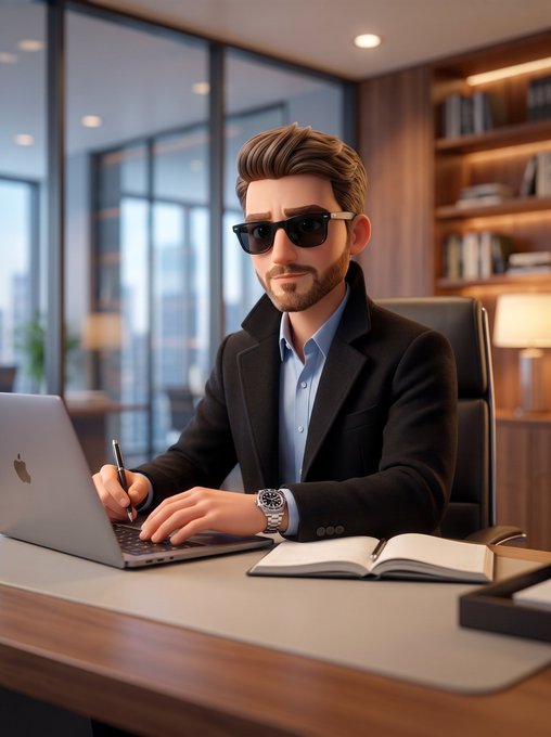 This Friday, a sharply dressed man in sunglasses works on his laptop in a modern office, ready to tackle the day.