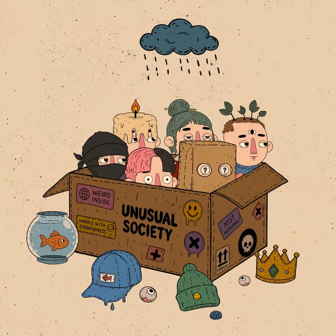 A cartoon illustration shows several quirky characters packed inside a cardboard box labeled "UNUSUAL SOCIETY" with stickers reading "WEIRD INSIDE" and "HANDLE WITH STRANGENESS," while a rain cloud looms overhead and scattered oddities—including a goldfish bowl, a crown, hats, and eyeballs—lie around it. The whimsical artwork aligns with the post's excitement about minting an "Unusual Society" NFT, with the "WEIRD INSIDE" label and "UNUSUAL SOCIETY" branding reinforcing the collection's eccentric theme.