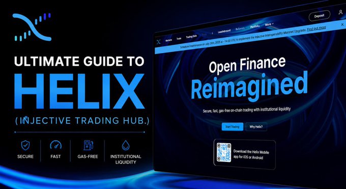 A promotional banner for 'Ultimate Guide to HELIX (Injective Trading Hub.)' highlighting features as Secure, Fast, Gas-Free, and Institutional Liquidity, with the tagline 'Open Finance Reimagined.'