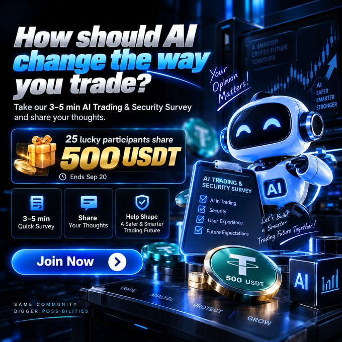 A futuristic promotional graphic featuring a blue robot character holding an "AI Trading & Security Survey" clipboard invites users to take a 3-5 minute survey for a chance to win 500 USDT (25 winners), ending Sep 20. The image complements the MEXC post by visually reinforcing the campaign's key details—the AI trading theme, the 500 USDT reward, and the survey's role in shaping a safer, smarter crypto trading future.