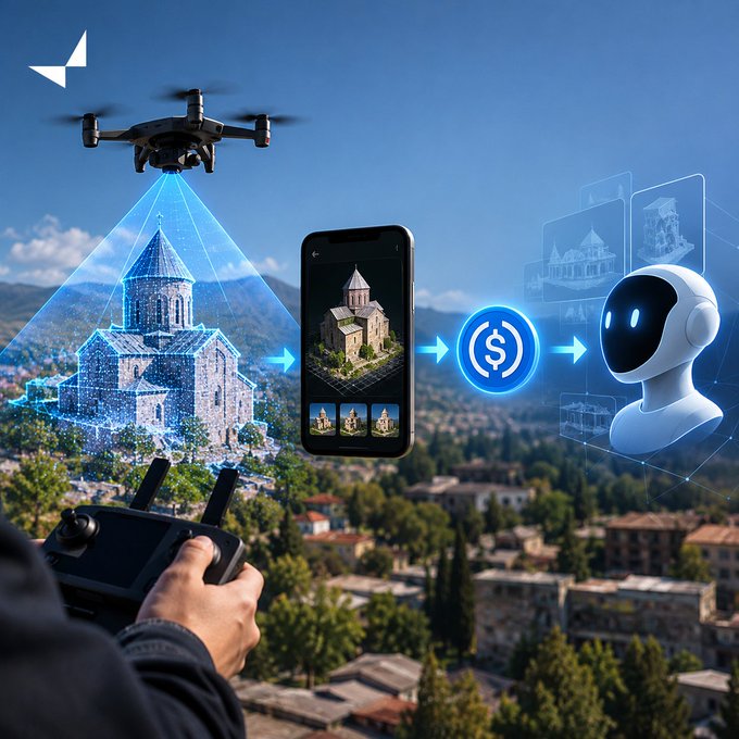 A conceptual illustration showing a drone scanning a church building, transmitting data to a smartphone, connected to a dollar sign icon, and then to an AI robot.