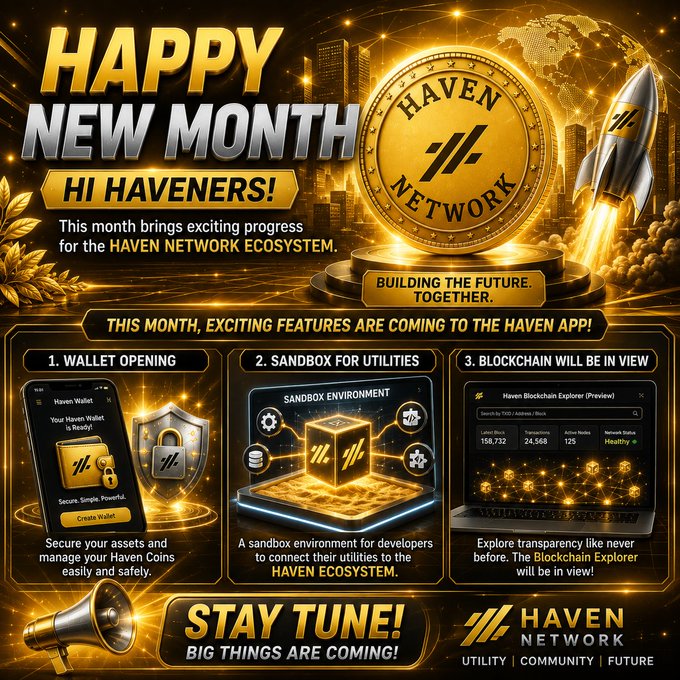A promotional graphic for Haven Network titled 'HAPPY NEW MONTH,' announcing new features like Wallet Opening, Sandbox for Utilities, and a Blockchain Explorer.