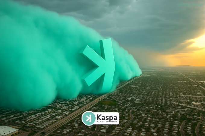 A promotional image featuring the Kaspa cryptocurrency logo, with a large teal Kaspa symbol emerging from teal clouds over a cityscape, and a smaller 'Kaspa Accepted Here' badge at the bottom.