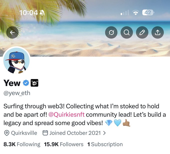 The image features a social media post from a user named @pudgypenguins, which has been shared by another user named @quirkiesnft. The post includes a link to a website called QuirksNFT.com that promotes a project or idea related to surfing and building communities around it. The post also contains a heart icon and a thumbs up symbol, indicating positive feedback or support for the project.